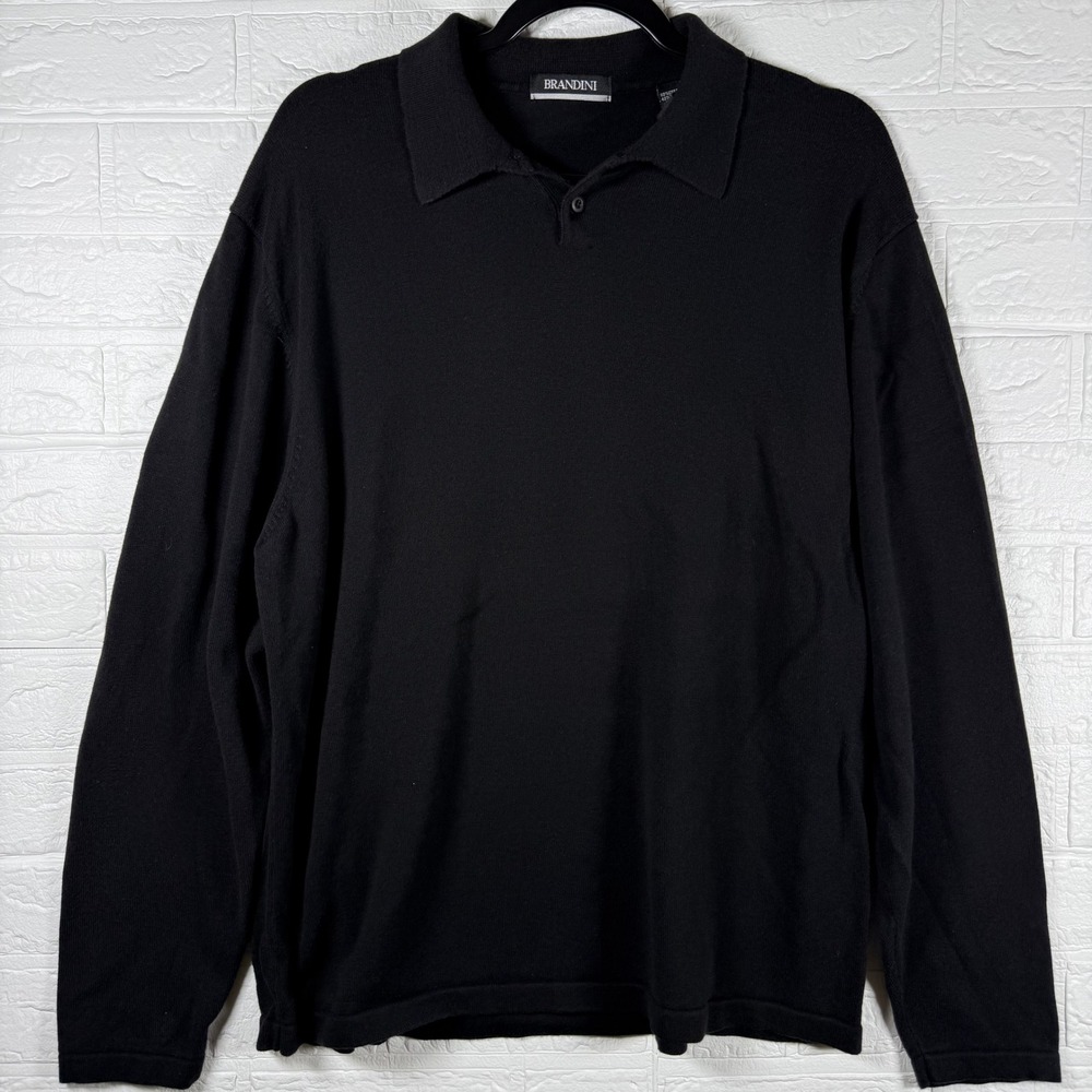 Brandini Knit Polo Sweater Mens XL Black Long Sleeve Button Neck Pullover